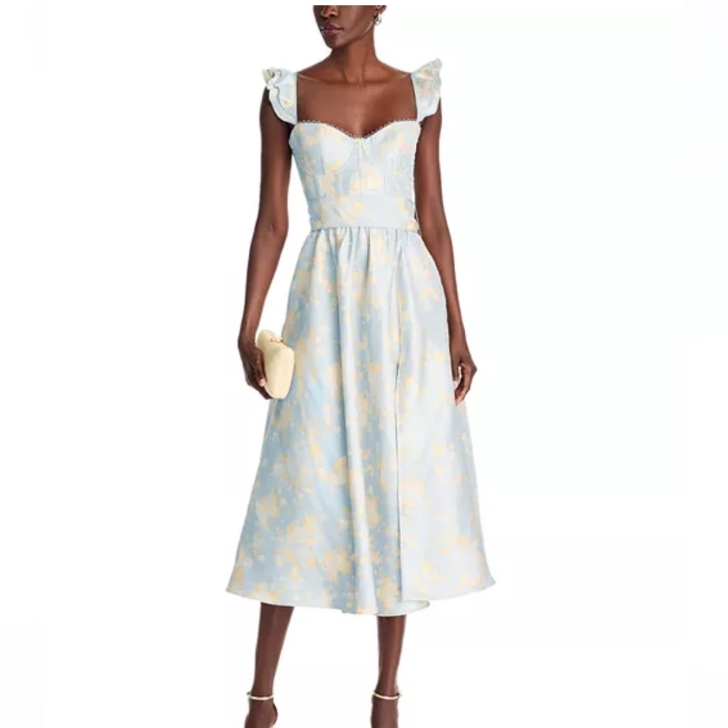 V. Chapman Vera Light Blue And Pale Yellow Floral Midi Dress